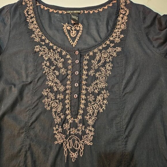 Lucky Brand  Black Embroidered Tunic Dress Medium Cotton Whimsigoth Boho Cottage - Picture 2 of 10